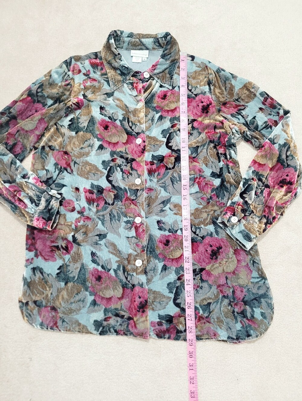 Soft Surroundings Floral Tunic Top Medium Silk Blend Button Front Boho Velvety - Picture 11 of 12